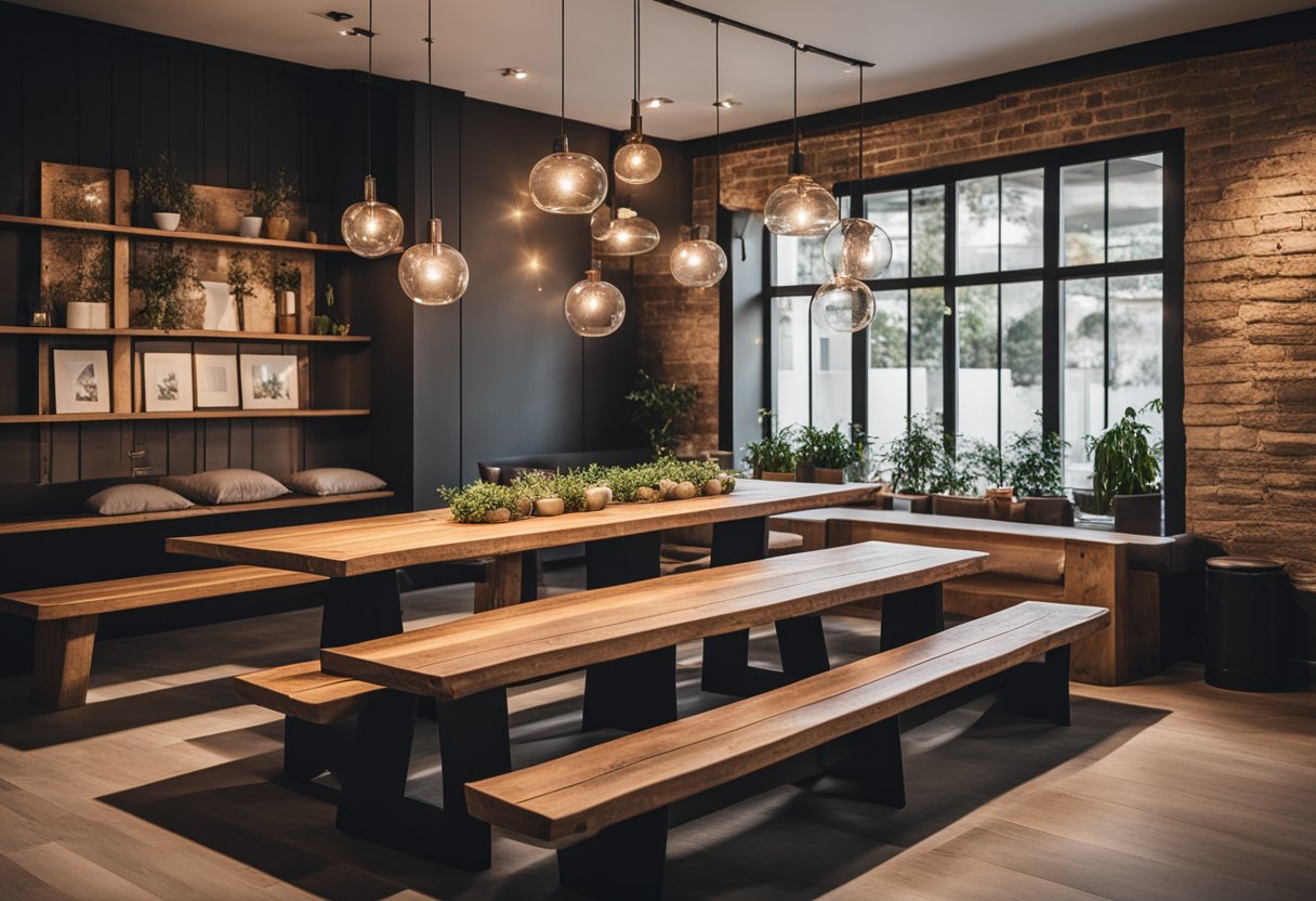 A cozy dining area with five unique DIY benches surrounding a rustic wooden table. Each bench showcases different design and comfort elements, adding character to the space