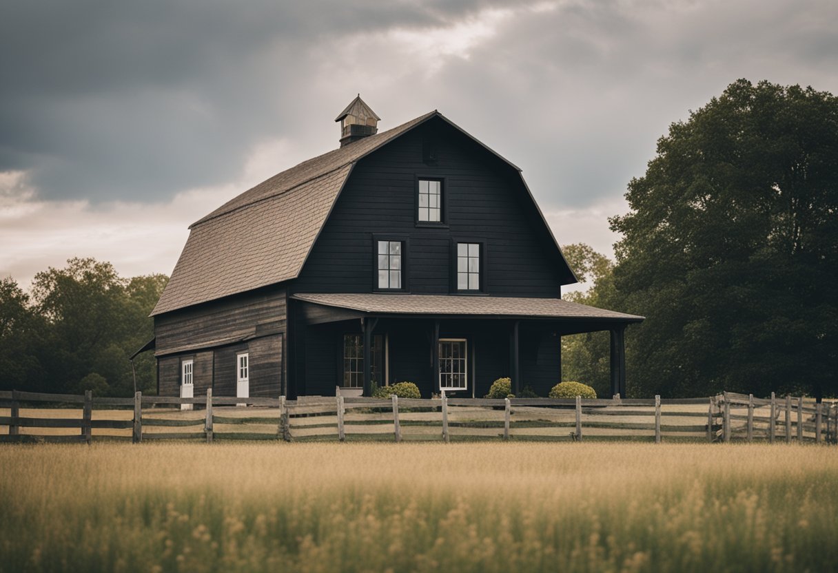 A quaint farmhouse with black trim windows, surrounded by a rustic barn, rolling fields, and a picket fence