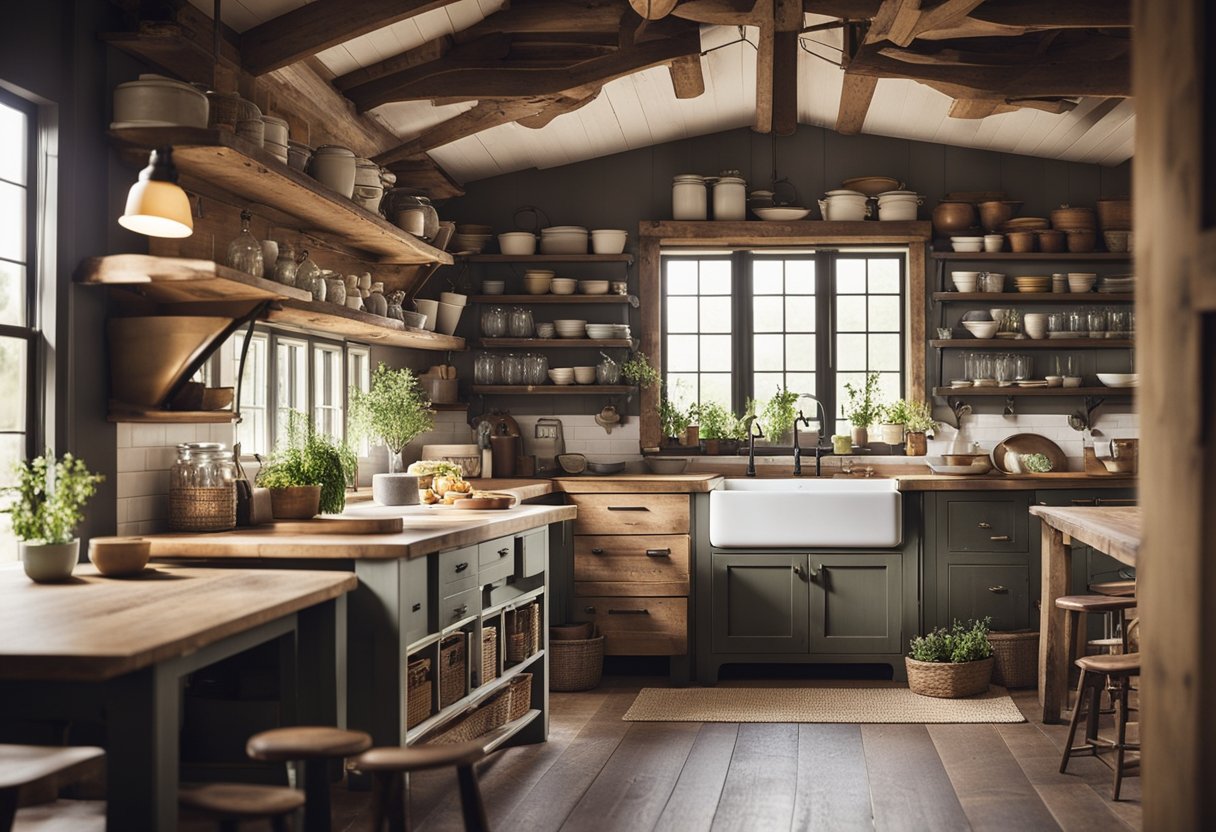 A rustic farmhouse kitchen with distressed wooden cabinets, vintage farmhouse sink, open shelves with mason jars, and a worn farmhouse table with mismatched chairs