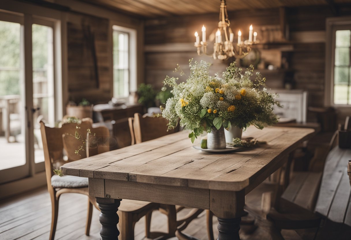 A cozy farmhouse living room with distressed wooden furniture, a rustic area rug, a vintage chandelier, and a bouquet of wildflowers on a weathered table