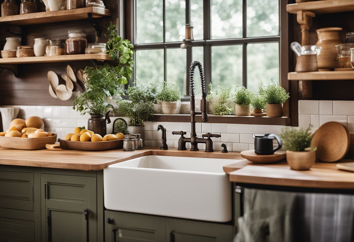 A cozy kitchen with a large apron sink, vintage faucets, open shelving, and rustic decor