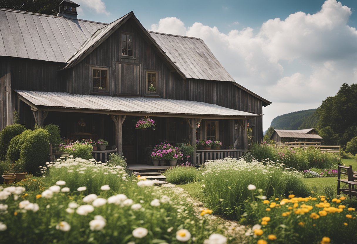 A cozy farmhouse with a weathered wooden exterior, a front porch with rocking chairs, a large barn in the background, and a garden with blooming flowers and a vegetable patch