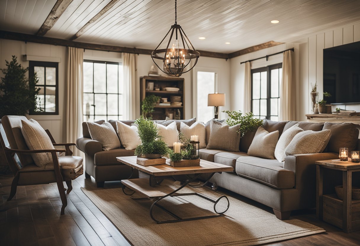 A cozy farmhouse living room with rustic wooden furniture, a distressed area rug, vintage decor, shiplap walls, a large barn door, and a statement chandelier