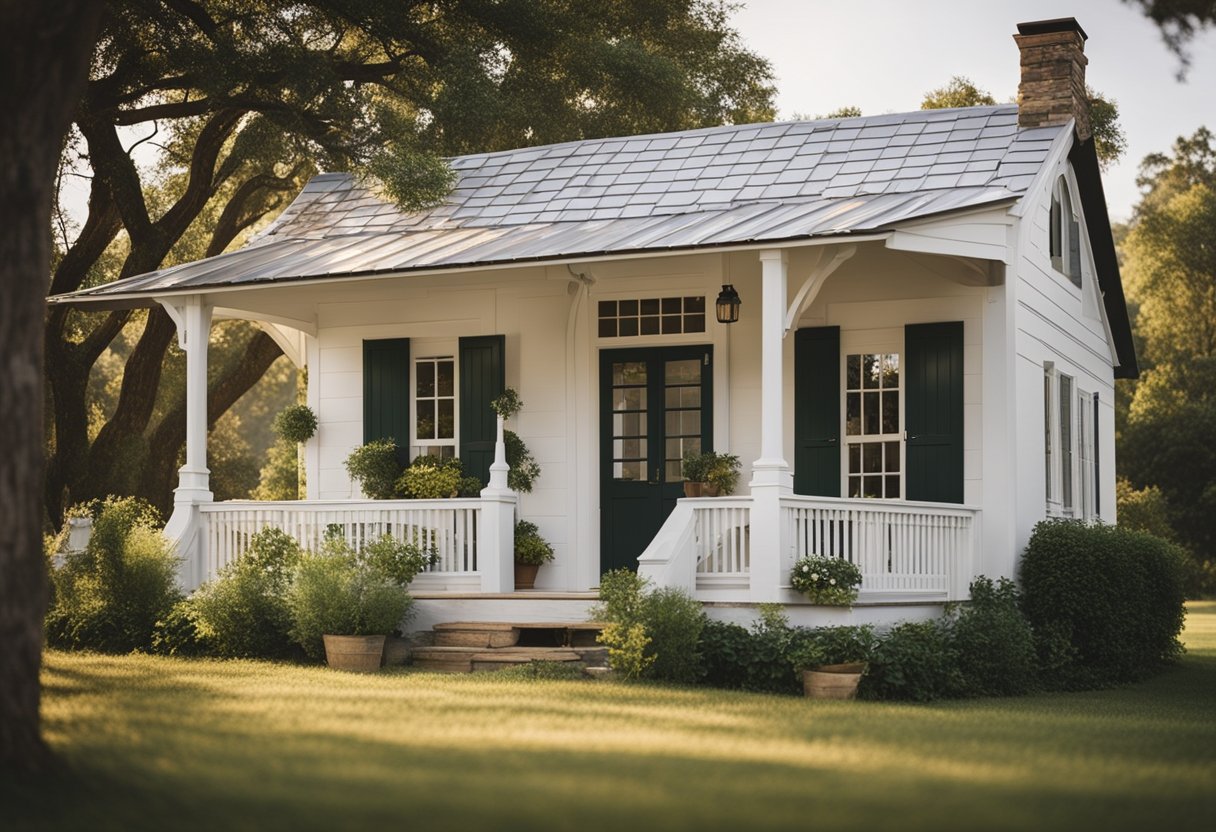 A quaint farmhouse with white exterior walls, a charming front porch, rustic wooden shutters, and a sloping metal roof nestled in a picturesque countryside setting