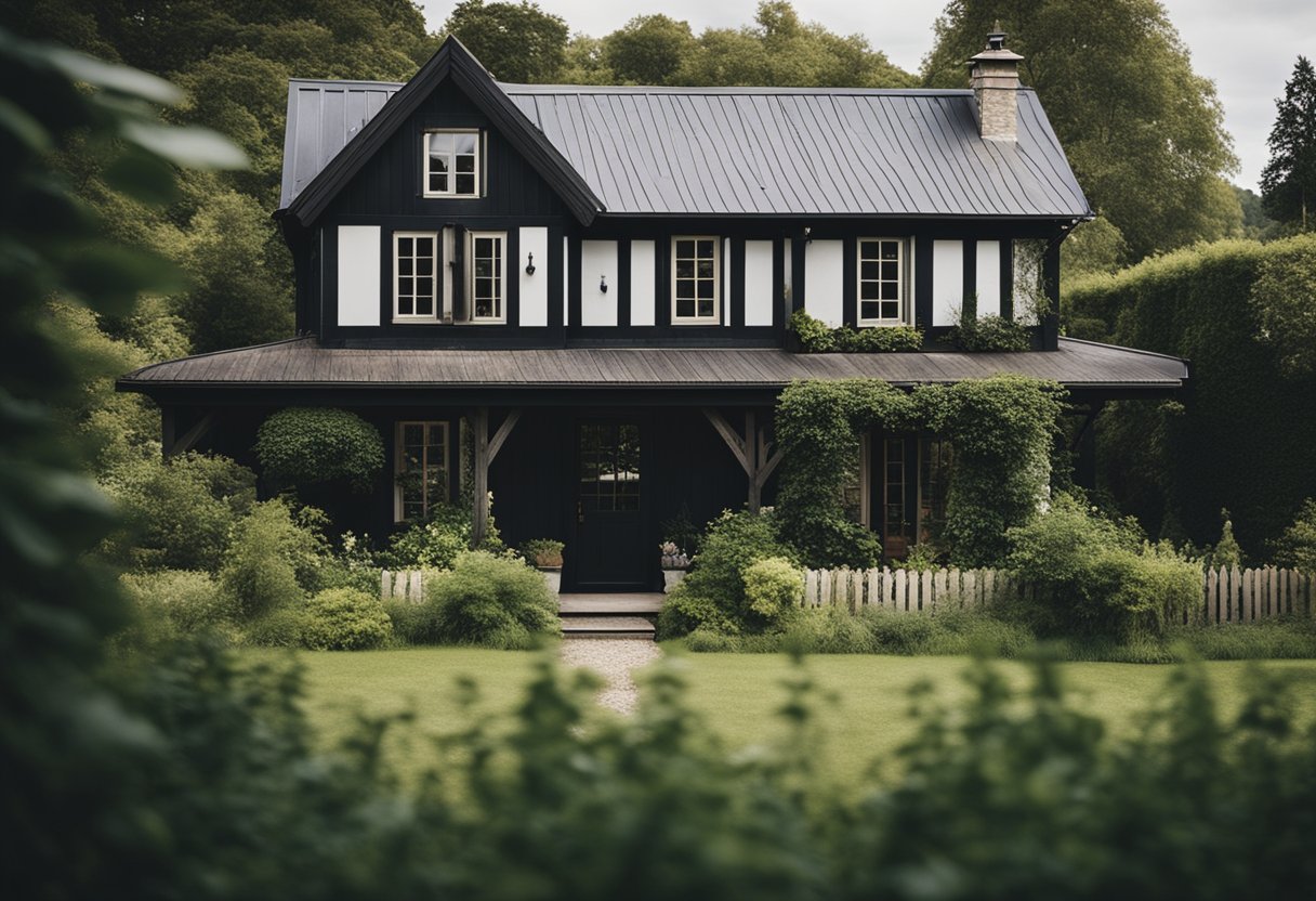 A charming farmhouse with black trim windows, surrounded by lush greenery and a rustic wooden fence