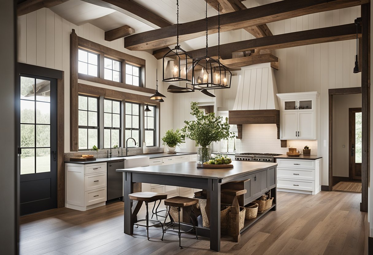 An open floor plan farmhouse with rustic wood beams, shiplap walls, a farmhouse sink, barn doors, and vintage light fixtures