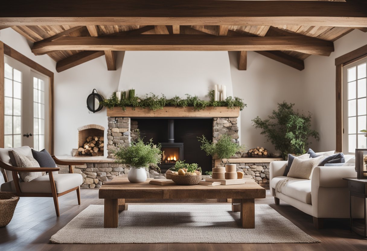 A cozy farmhouse living room with a large natural wood coffee table, exposed wooden beams on the ceiling, a stone fireplace, and rustic decor