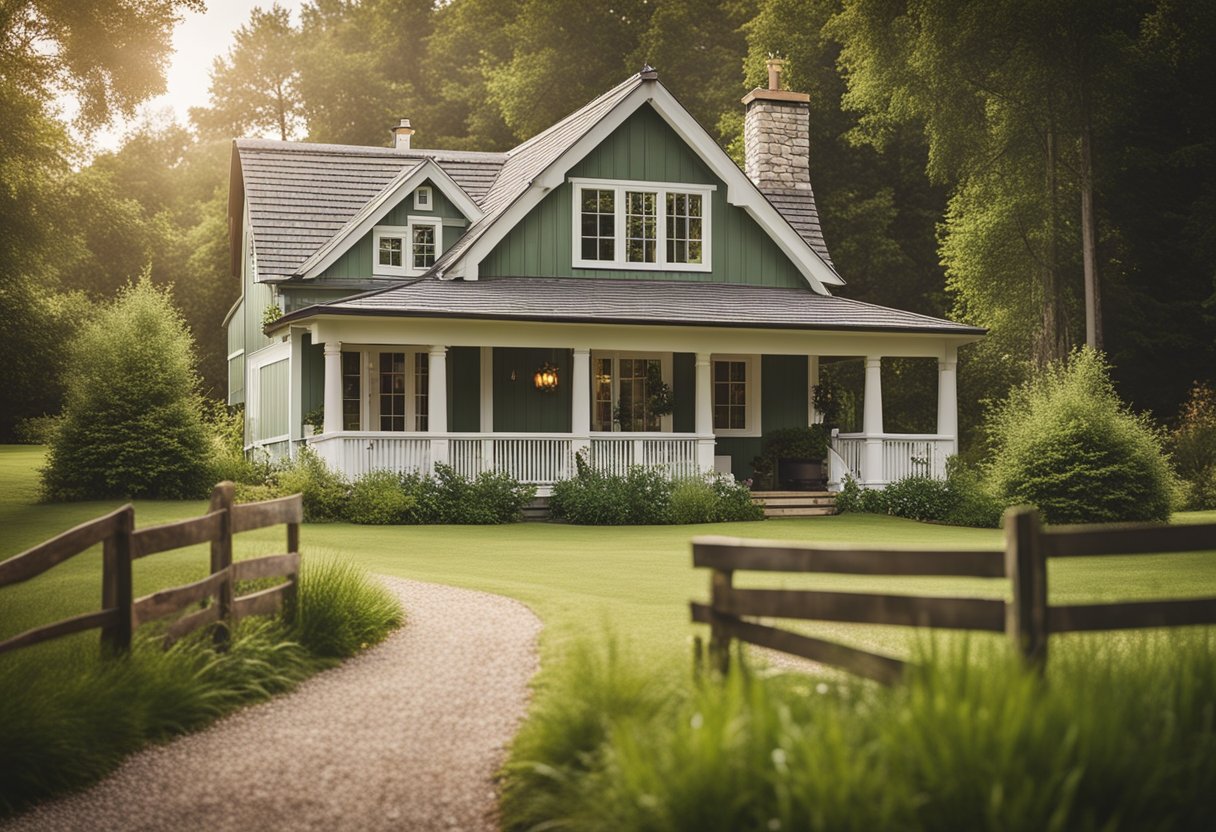 A charming farmhouse with white board and batten siding, surrounded by a lush green lawn and a rustic wooden fence