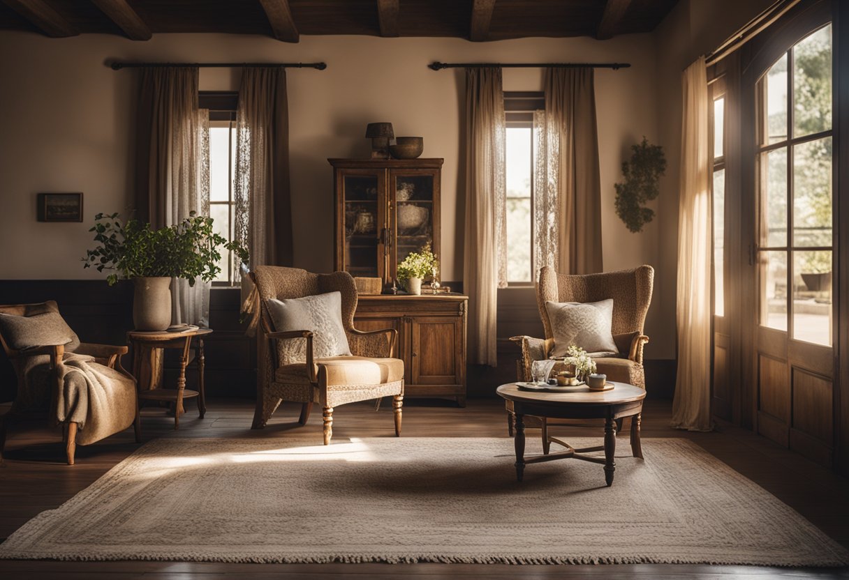 A cozy farmhouse living room with distressed wooden furniture, a vintage rug, and antique decor. Sunlight streams through a lace curtain, casting warm shadows