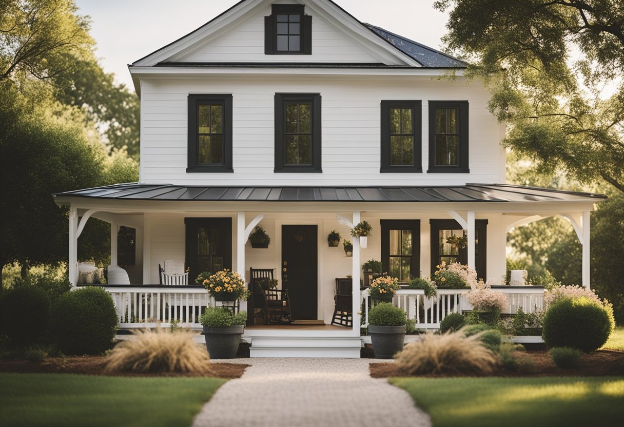 A cozy farmhouse with a covered front porch, complete with rocking chairs, a porch swing, potted plants, and a welcoming doormat