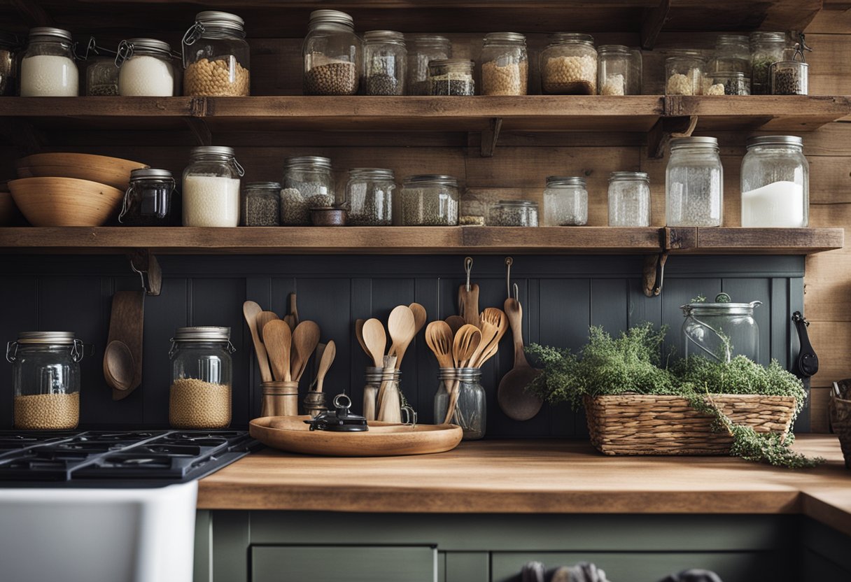 A rustic farmhouse kitchen with distressed wood cabinets, vintage metal hardware, and open shelving displaying mason jars and woven baskets