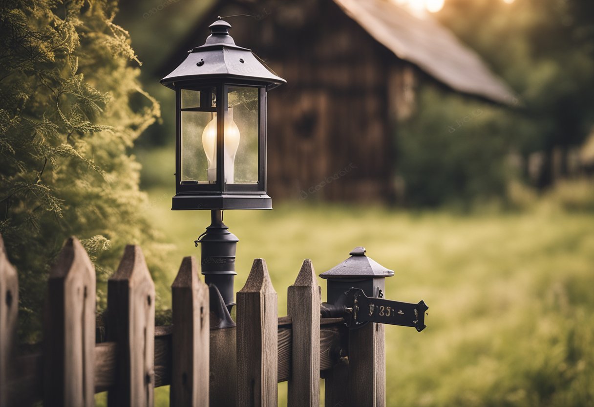 A cozy farmhouse with a weathered metal mailbox, vintage lantern, and rustic metal sign hanging on a wooden fence