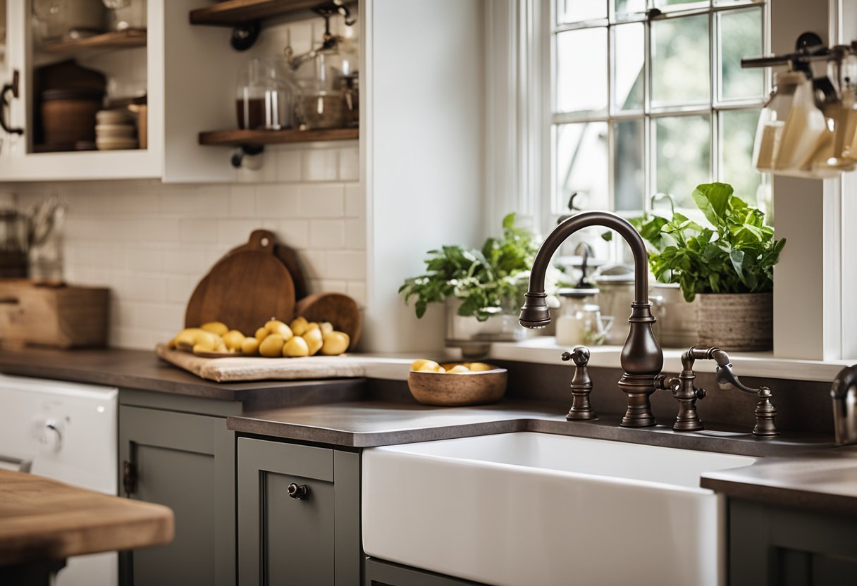 A cozy kitchen with an apron sink, vintage faucet, open shelving, and rustic decor, creating a farmhouse-style ambiance
