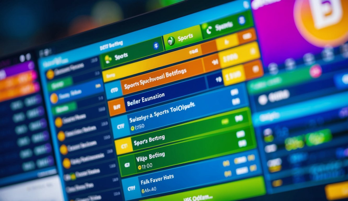 Antarmuka digital yang hidup menampilkan berbagai pilihan taruhan olahraga dan odds, dengan grafik berwarna-warni dan visual dinamis