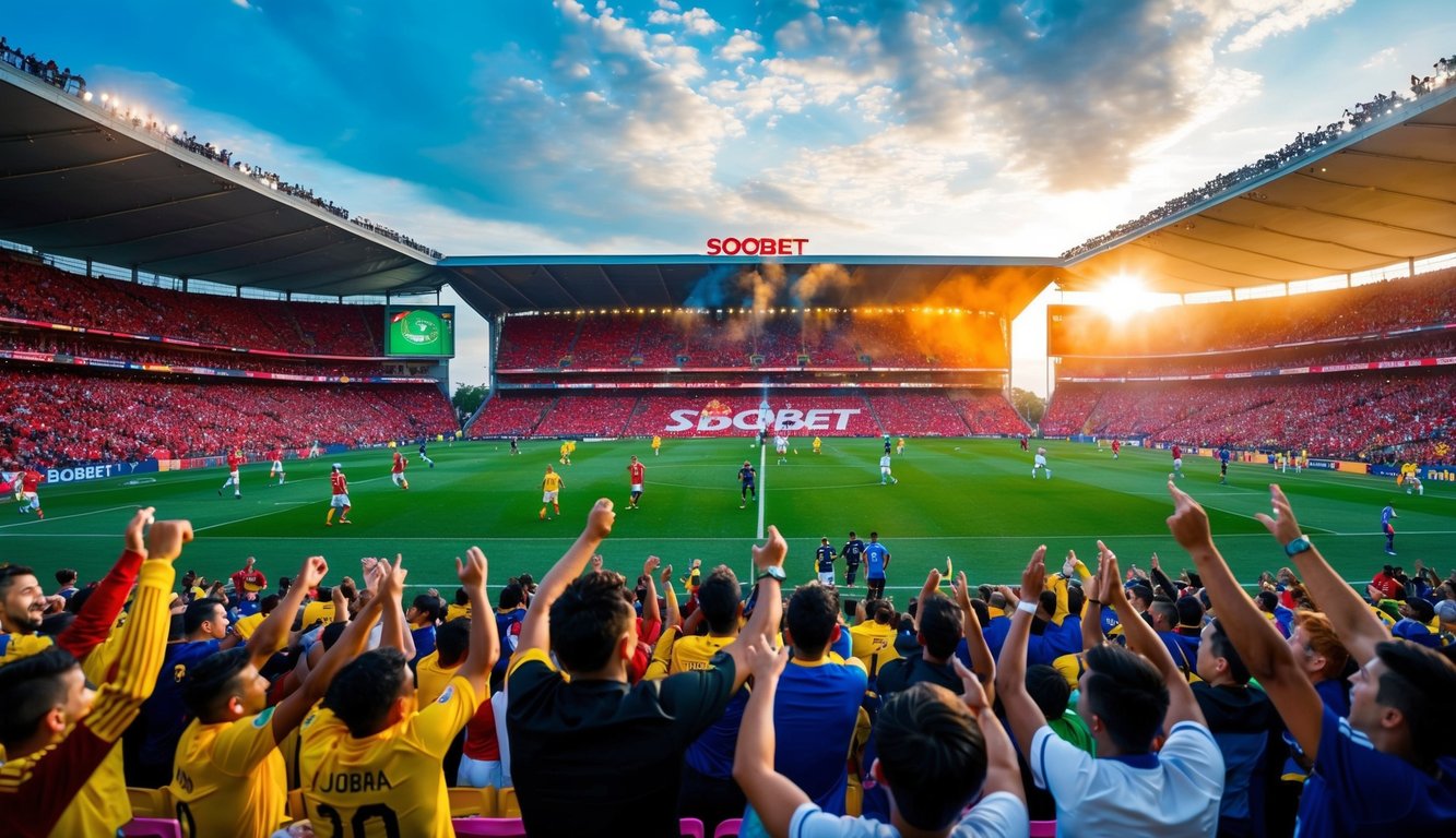 Sebuah stadion sepak bola yang meriah dengan para penggemar bersorak, pemain sedang bertanding, dan logo SBOBET ditampilkan dengan jelas di papan skor elektronik