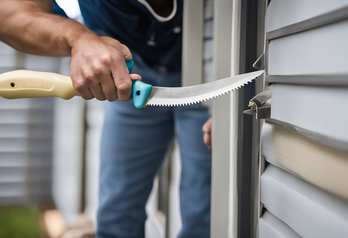 A hand holding a tube of caulk and a putty knife, repairing a small hole in vinyl siding on a sunny day