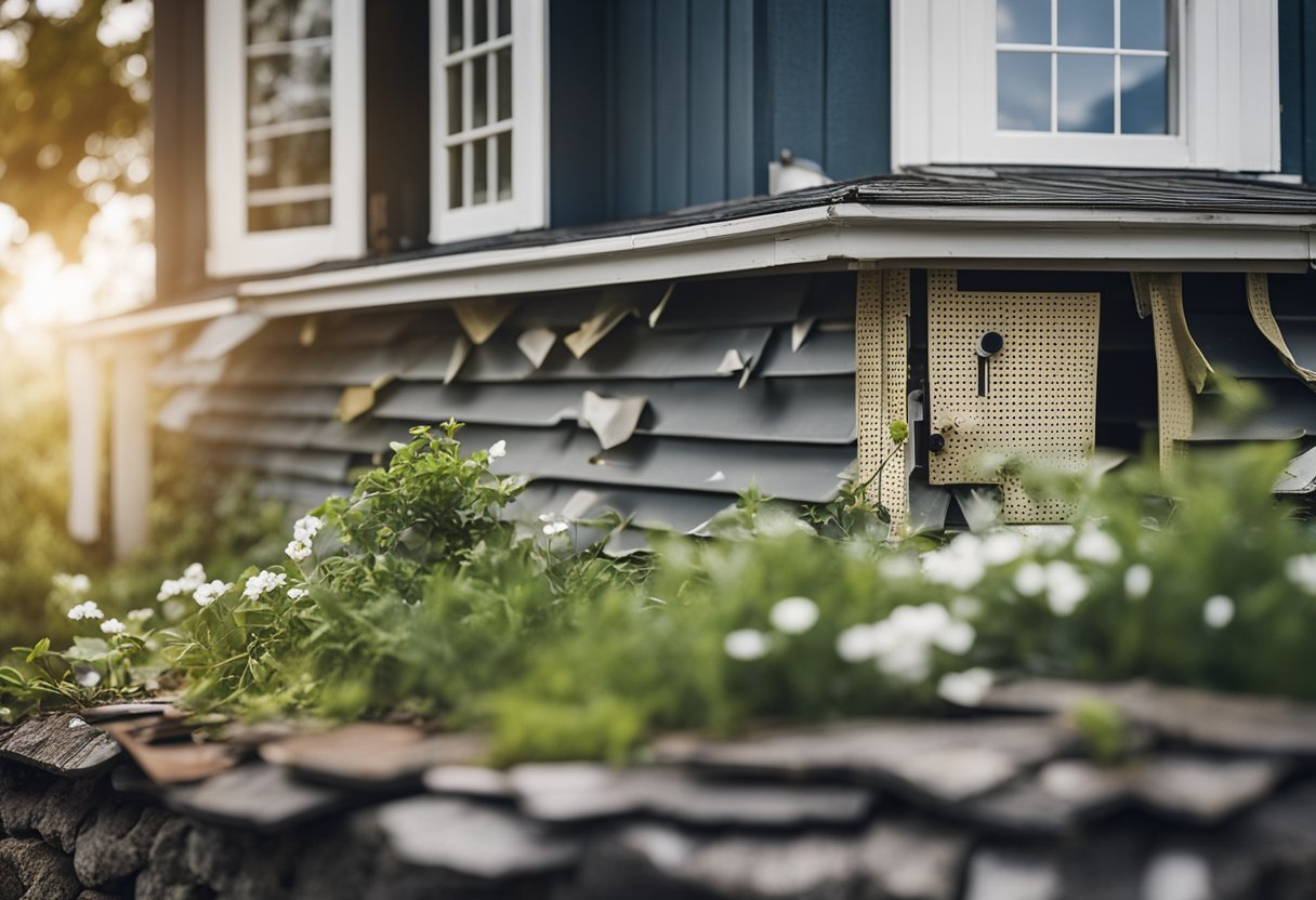 A house with vinyl siding showing multiple holes and damage, with tools and materials nearby for repair