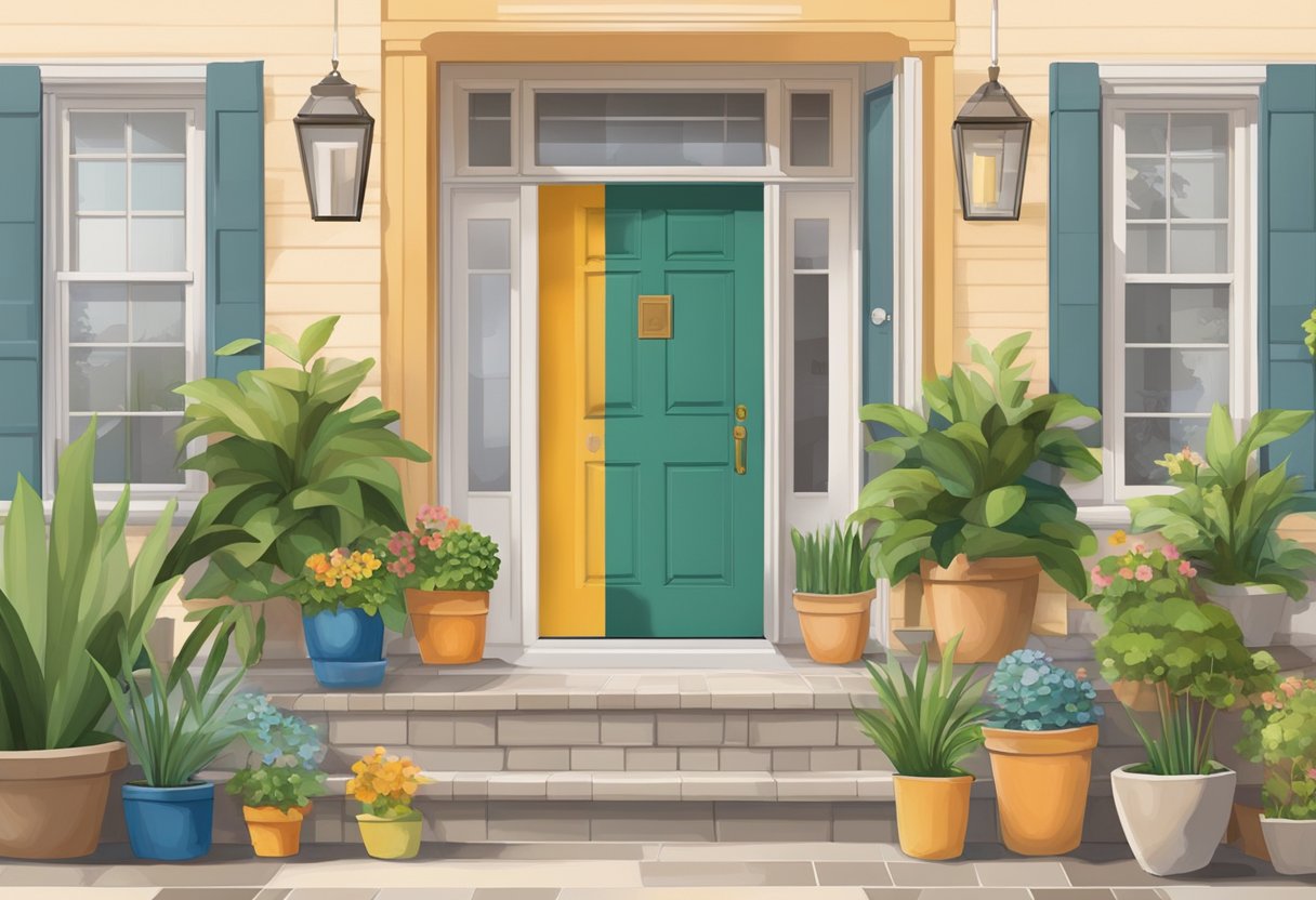 A front door with various paint swatches taped to it, surrounded by potted plants and a welcome mat