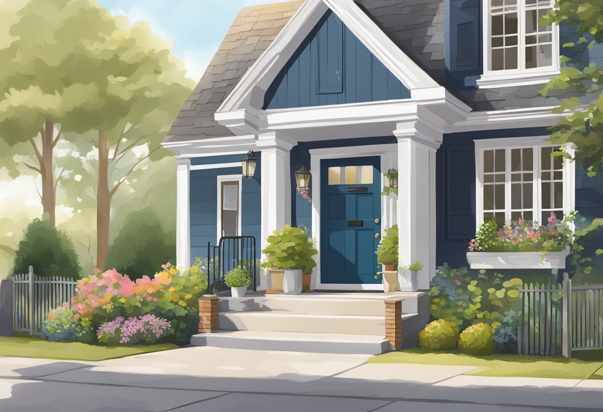 A front door with various paint swatches and exterior elements like plants, a mailbox, and outdoor lighting, with someone choosing the perfect color
