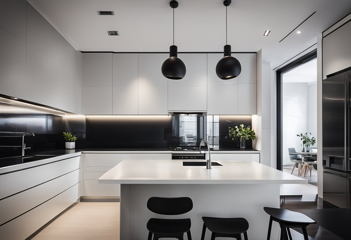 A sleek, modern kitchen with black and white color scheme. The space is well-lit with clever lighting solutions, creating a chic and stylish atmosphere