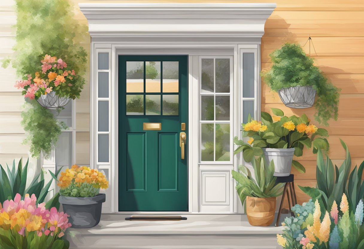 A front door surrounded by colorful paint swatches and natural elements like flowers and greenery for inspiration