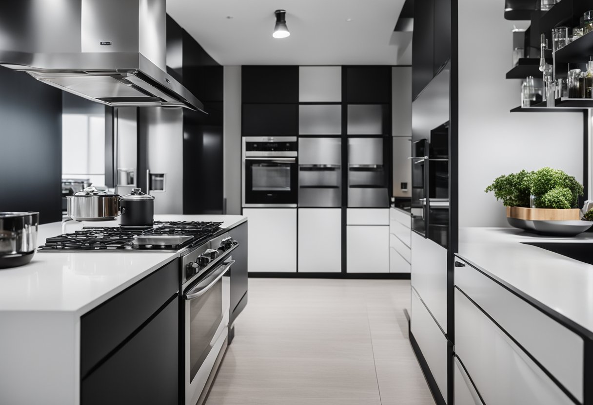A sleek black and white kitchen with modern appliances and minimalist decor