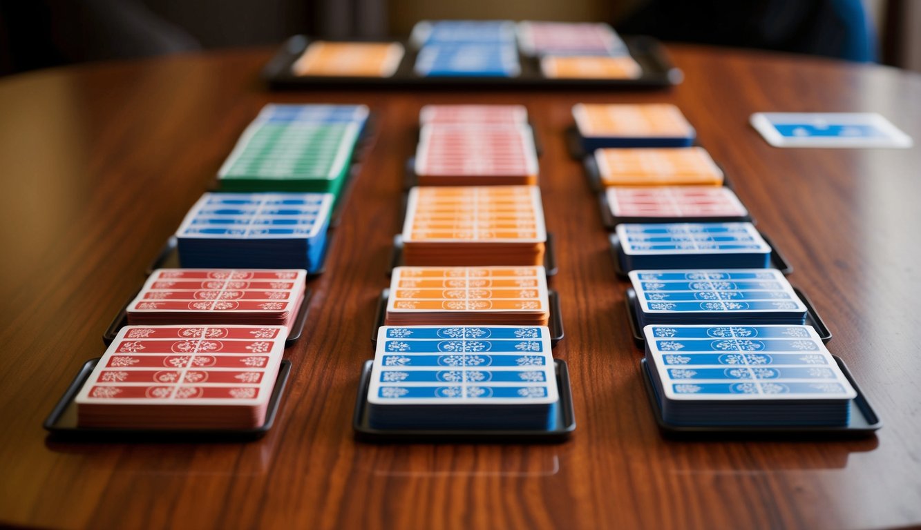 Sebuah meja dengan tiga baris kartu yang disusun secara strategis untuk permainan Capsa Susun