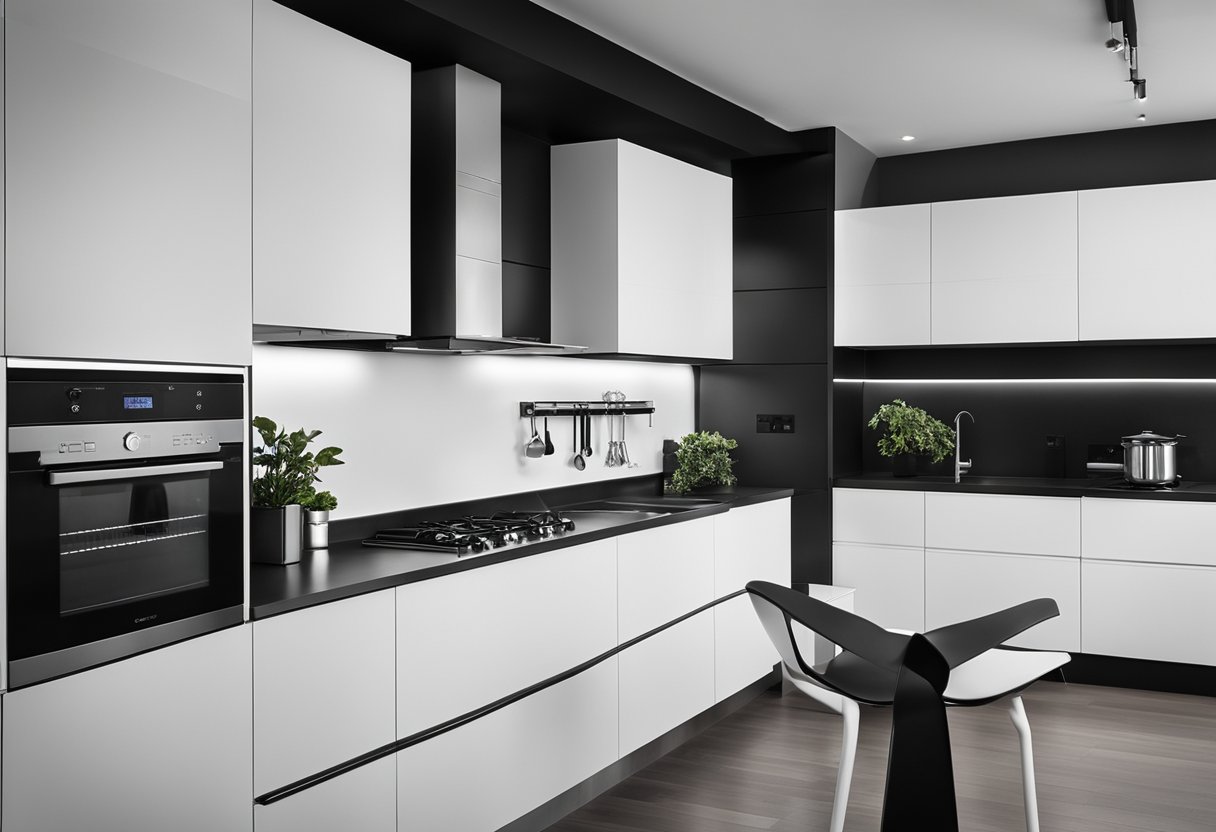 A sleek black and white kitchen with modern ergonomic design, featuring stylish and functional furniture and appliances