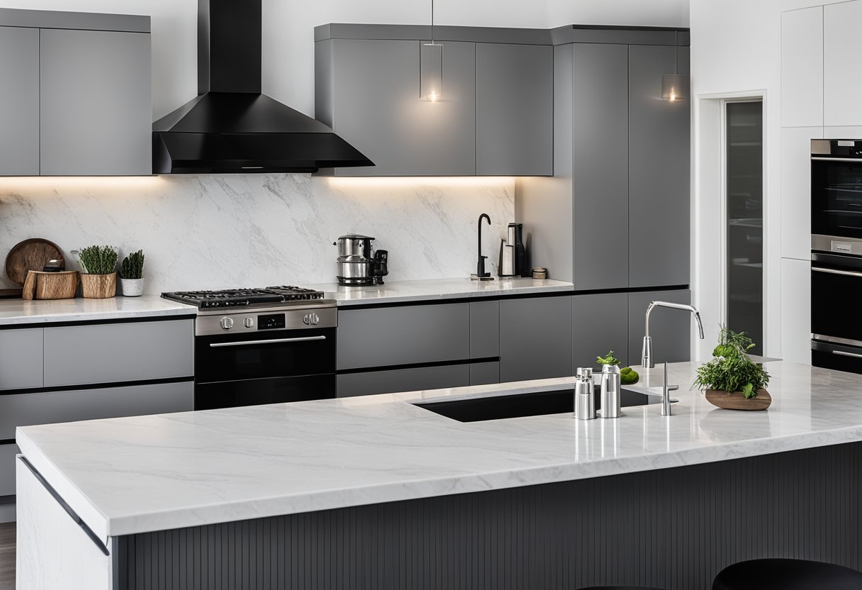 A sleek black and white kitchen with modern appliances, marble countertops, and minimalist decor