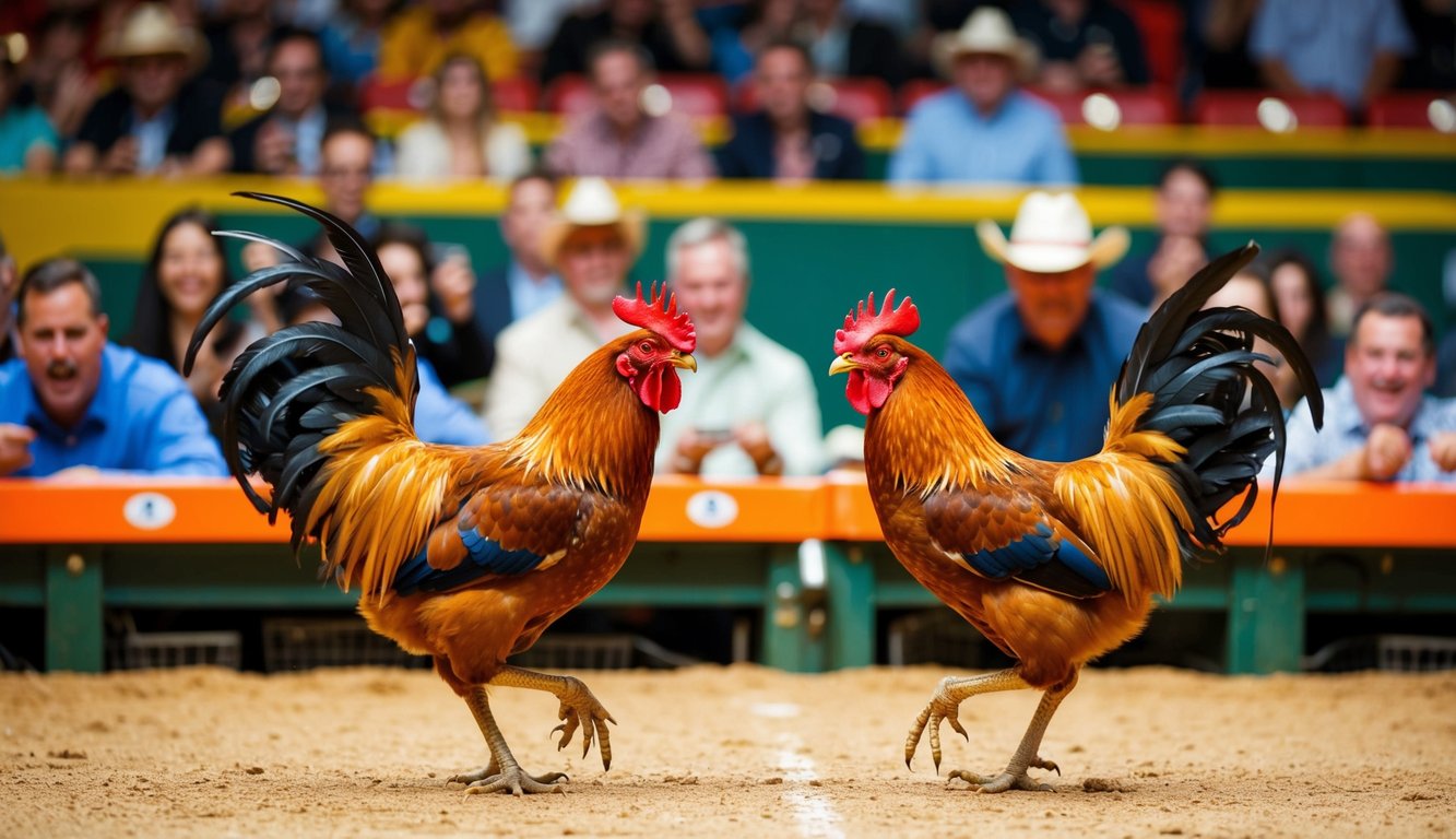 Dua ayam jantan berhadapan di arena yang ramai dan berwarna-warni dengan penonton yang bersemangat memasang taruhan