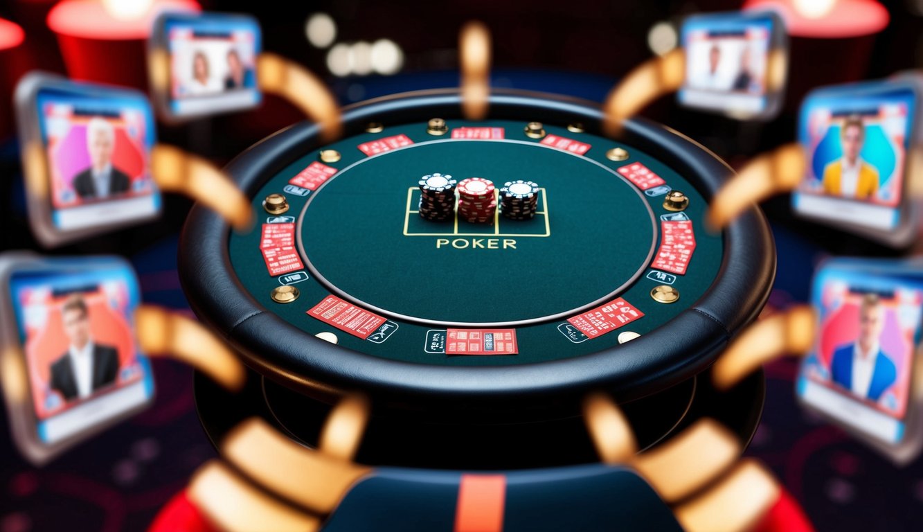 Sebuah meja poker yang sepenuhnya dilengkapi di kasino online, dikelilingi oleh pemain virtual