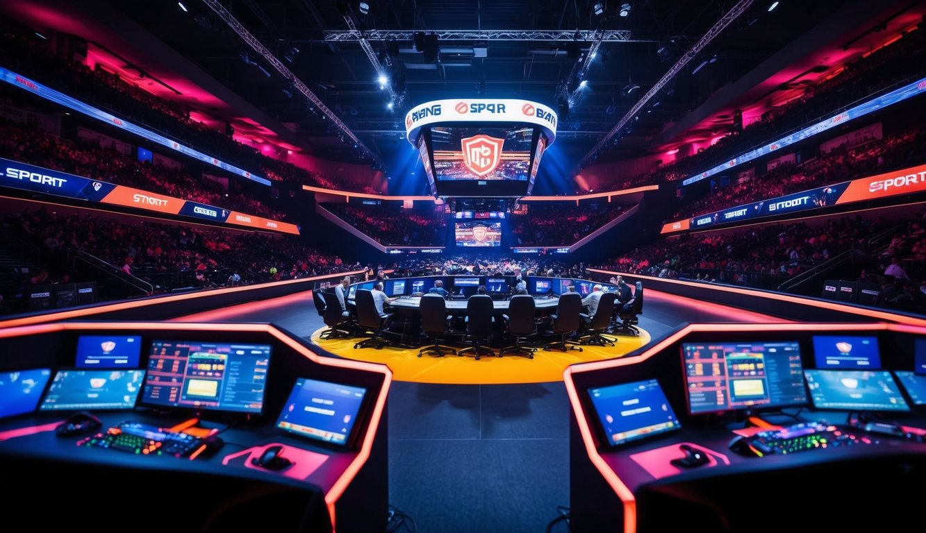 Arena e-sports yang dinamis dengan aksi permainan yang intens dan taruhan yang menarik