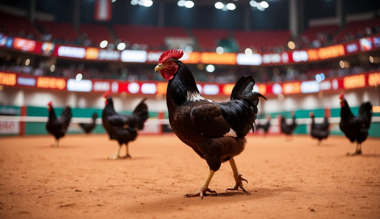 Sebuah arena sabung ayam online yang hidup dan ramai dengan berbagai opsi taruhan