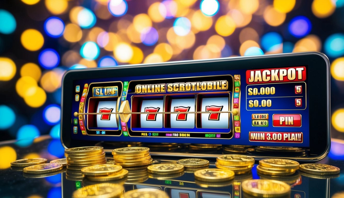 Mesin slot online berwarna-warni dikelilingi oleh koin yang bersinar dan lampu yang terang, dengan jackpot besar ditampilkan di layar