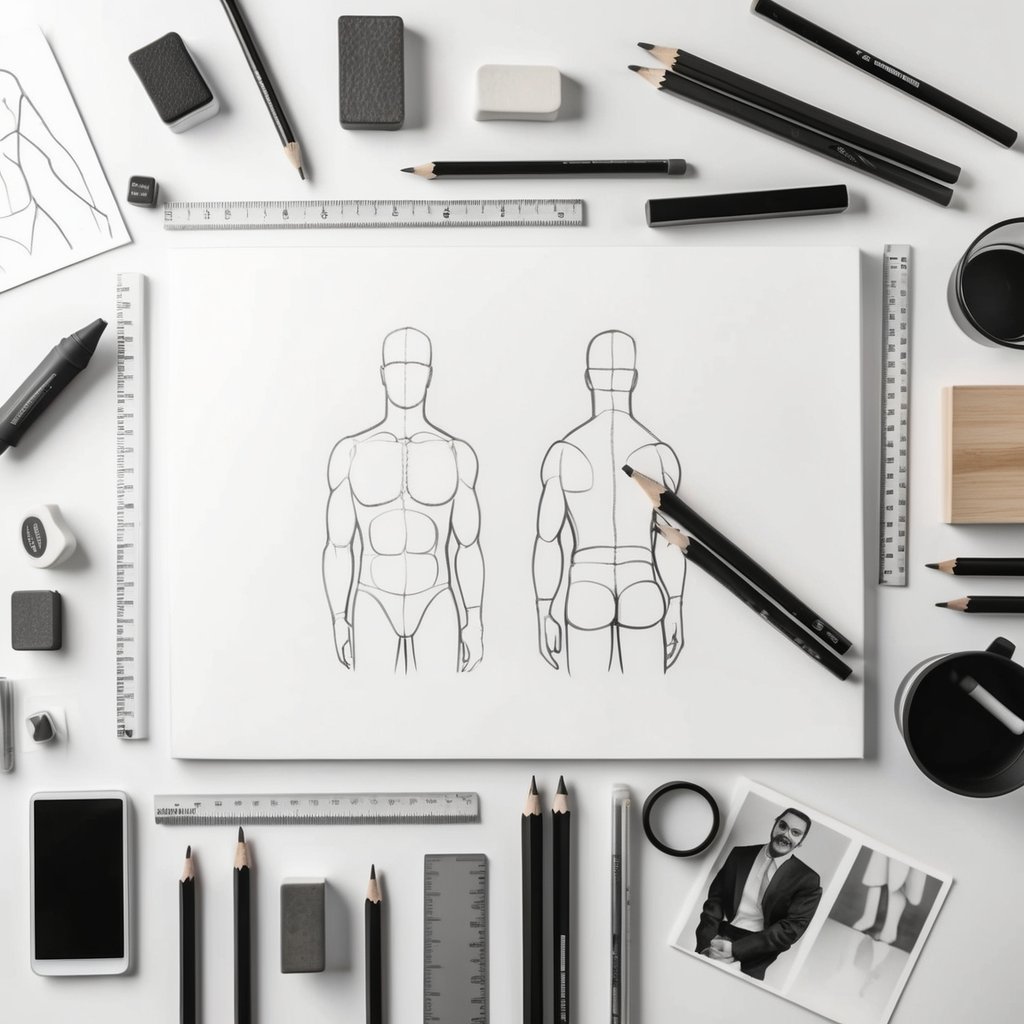 A table with various tools and materials for body outline drawing, including pencils, erasers, rulers, and reference photos