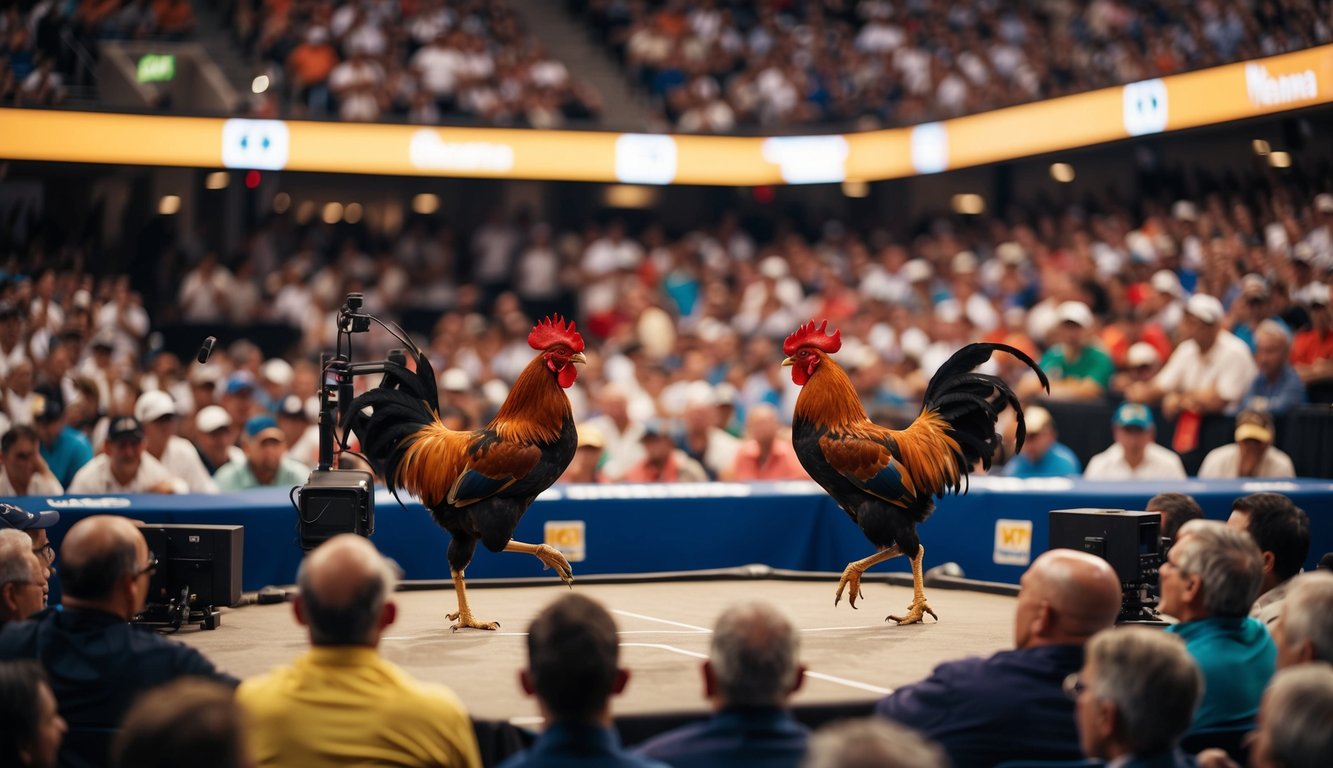 Sebuah arena yang ramai dengan ayam jantan bertarung, dikelilingi oleh penonton dan dilengkapi dengan teknologi siaran langsung