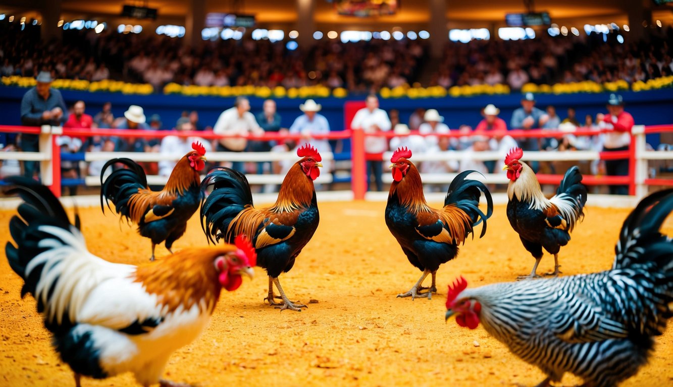 Sebuah arena yang hidup dengan ayam jantan dalam berbagai posisi bertarung, dikelilingi oleh penonton yang antusias memasang taruhan