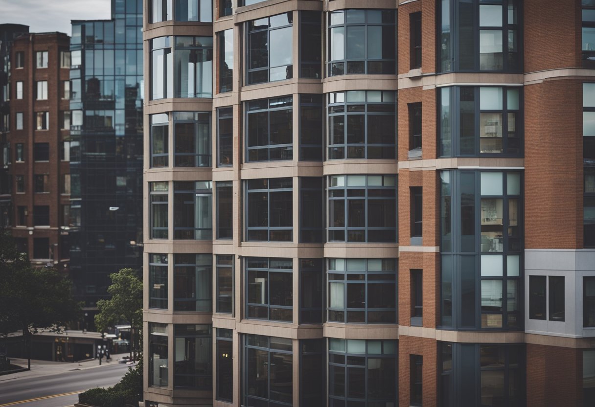 Busy Midwest cityscape with modern apartment buildings, bustling streets, and a mix of residential and commercial spaces. Vibrant and diverse community