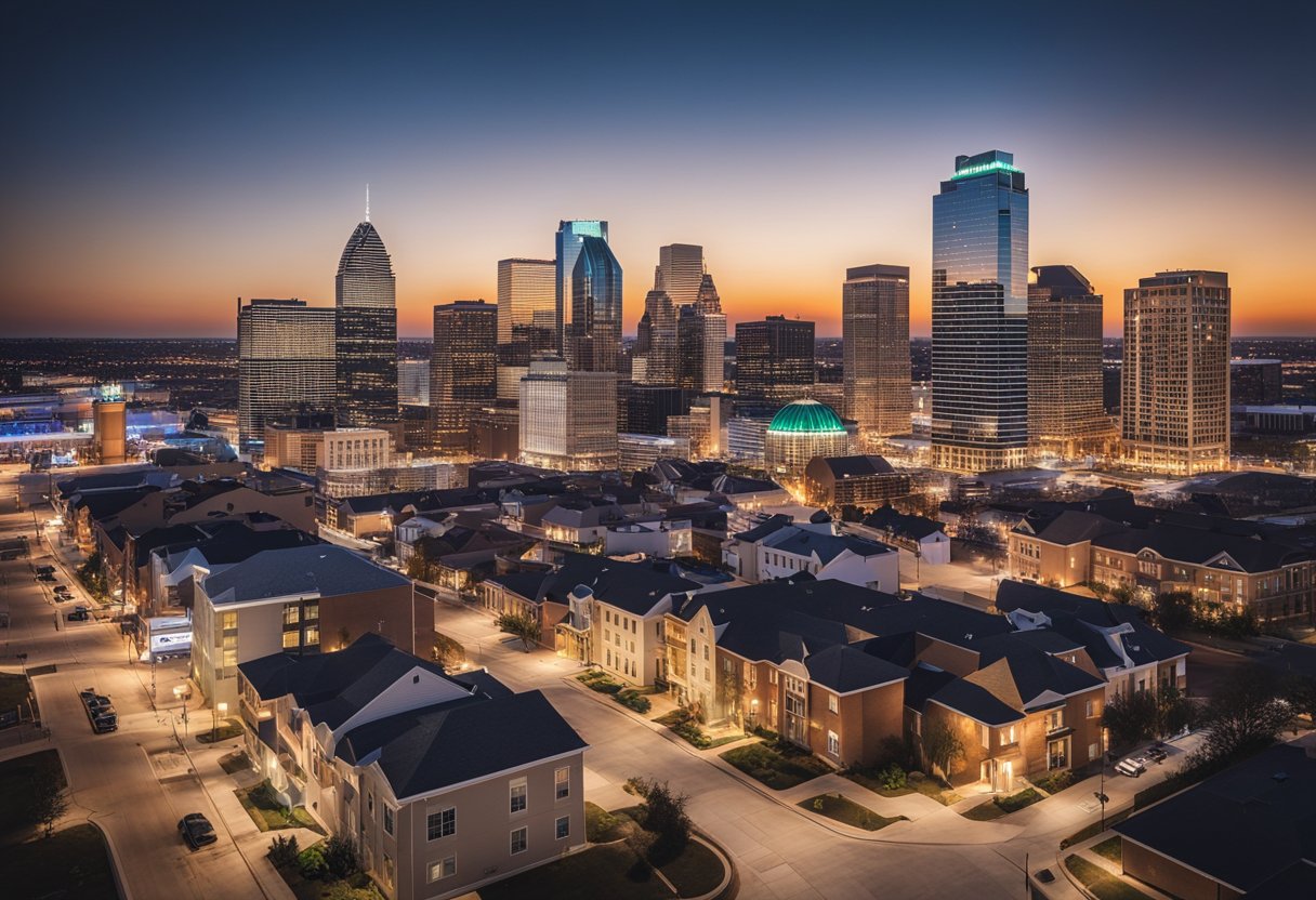 A bustling Midwest city skyline with rental properties, graphs, and financial charts overlaid