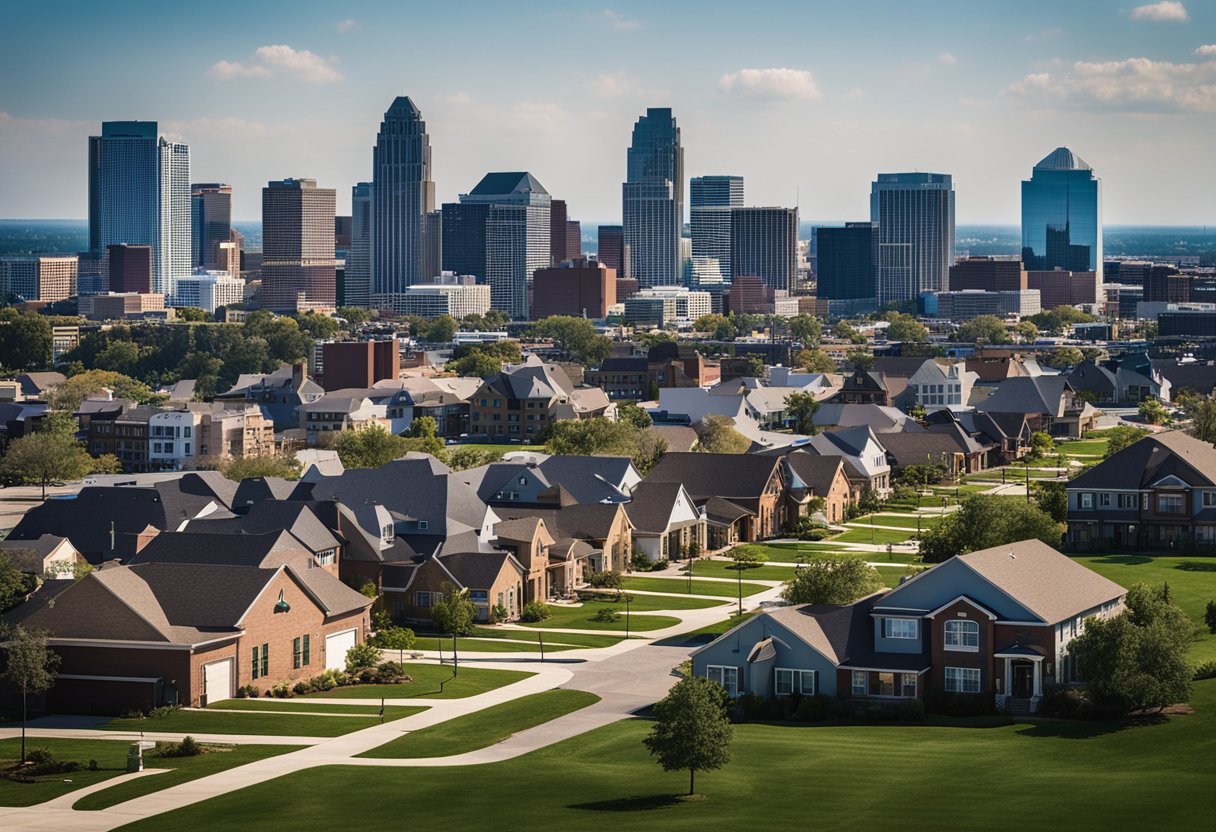 A bustling Midwest city skyline with rental properties and investors discussing FAQ