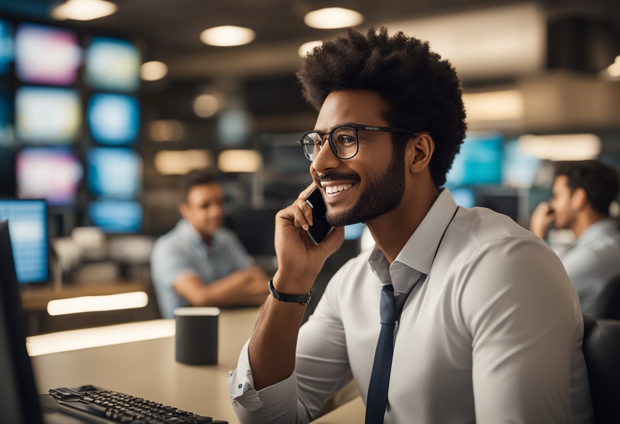 Um agente de atendimento ao cliente falando ao telefone com o logo do Brasil Card 0800 visível ao fundo