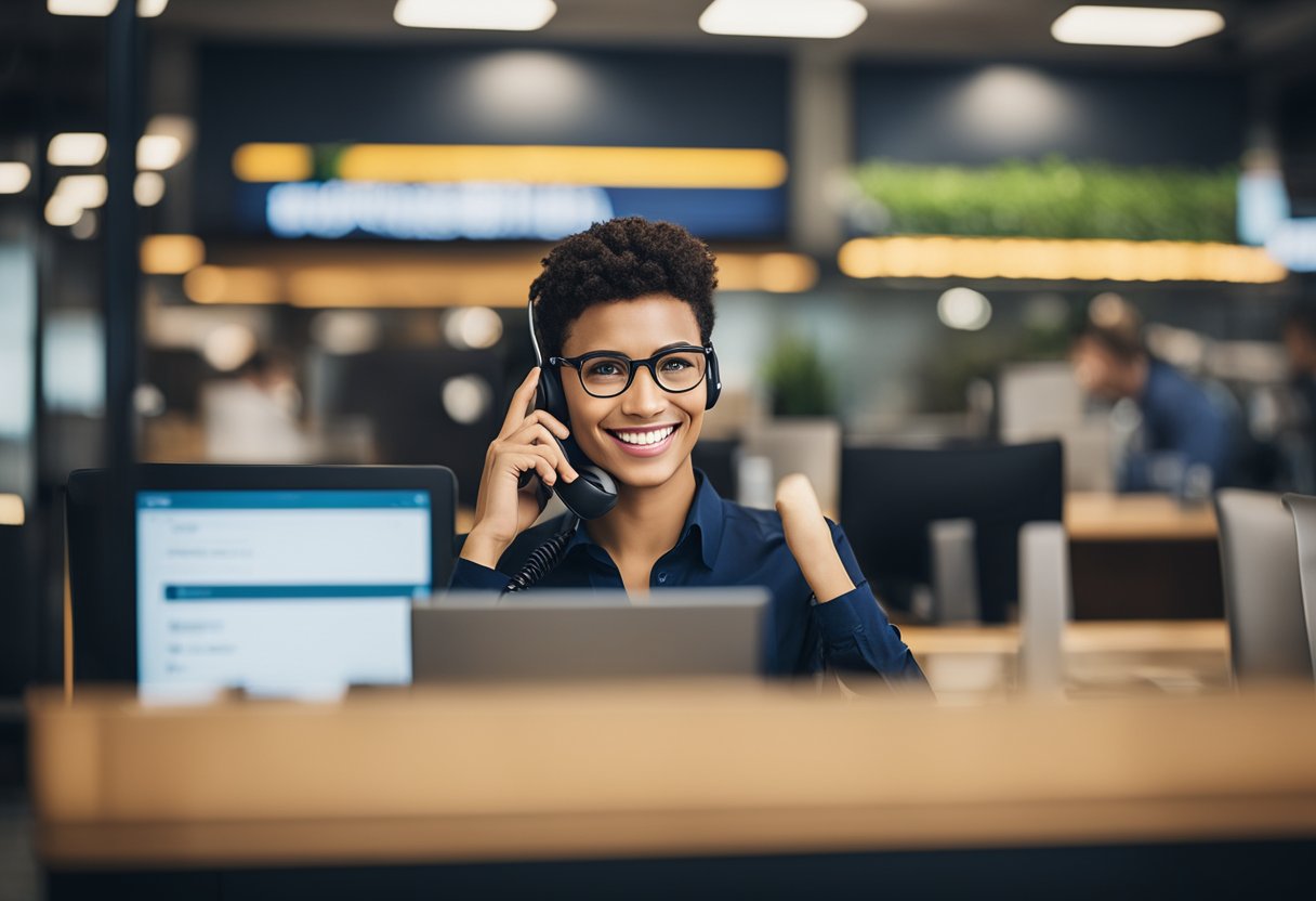 Um representante de atendimento ao cliente ao telefone com um cliente, com o cartão 0800 Brasil exibido de forma proeminente