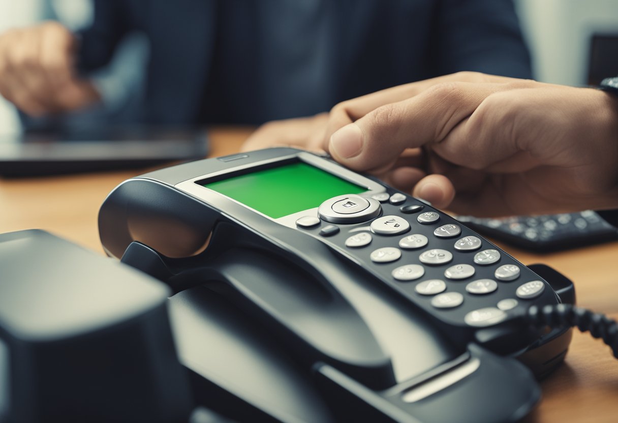 Uma pessoa discando um telefone com o número 0800 do Cartão Brasil exibido na tela, com um representante de atendimento ao cliente do outro lado da linha.