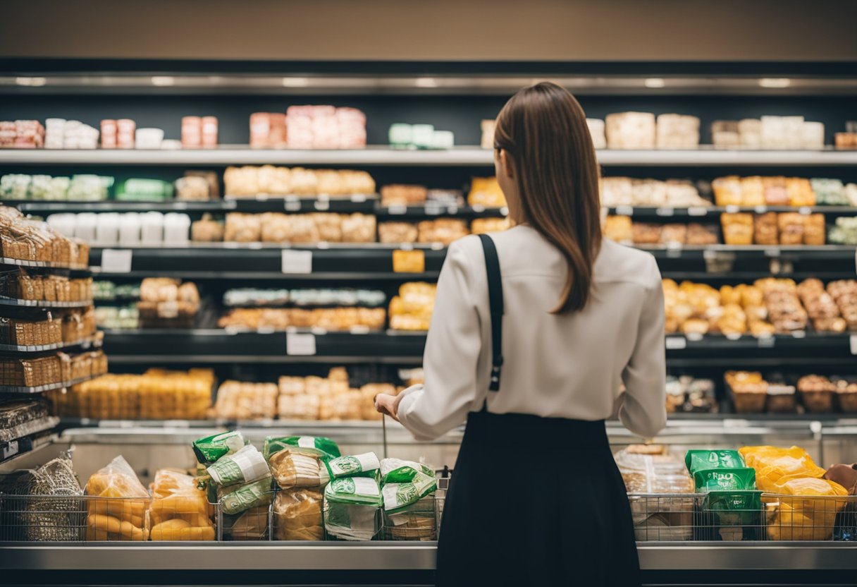 Uma pessoa comparando preços com cuidado e usando cupons enquanto faz compras de itens do dia a dia