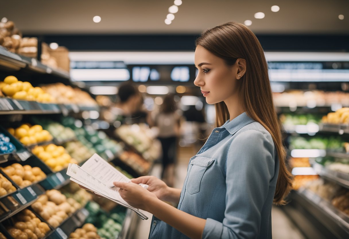 Uma pessoa comparando cuidadosamente os preços em diferentes lojas, usando uma lista de compras e cupons para economizar dinheiro em compras do dia a dia.
