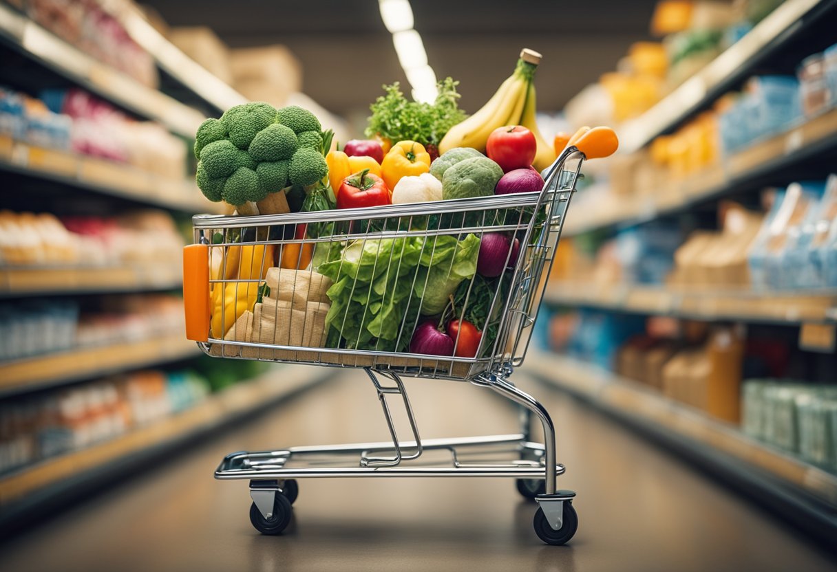 Um carrinho de compras colorido cheio de mantimentos e itens para o lar, cercado por etiquetas de preço e ferramentas de orçamento