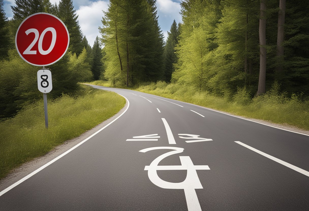 Uma placa de limite de velocidade com um círculo vermelho e o número "20x5" riscado, cercada por uma paisagem de árvores e uma estrada sinuosa.
