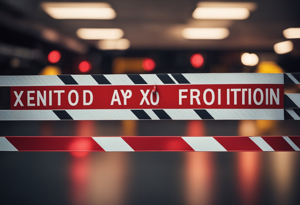 Uma grande placa vermelha "20x5" com um símbolo de "proibido" sobreposto, cercada por luzes de aviso e fita de cautela