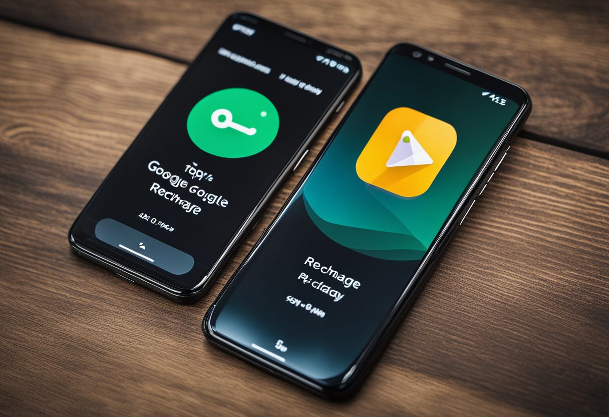 Três celulares exibindo os principais aplicativos de recarga do Google Play com até 27% de cashback