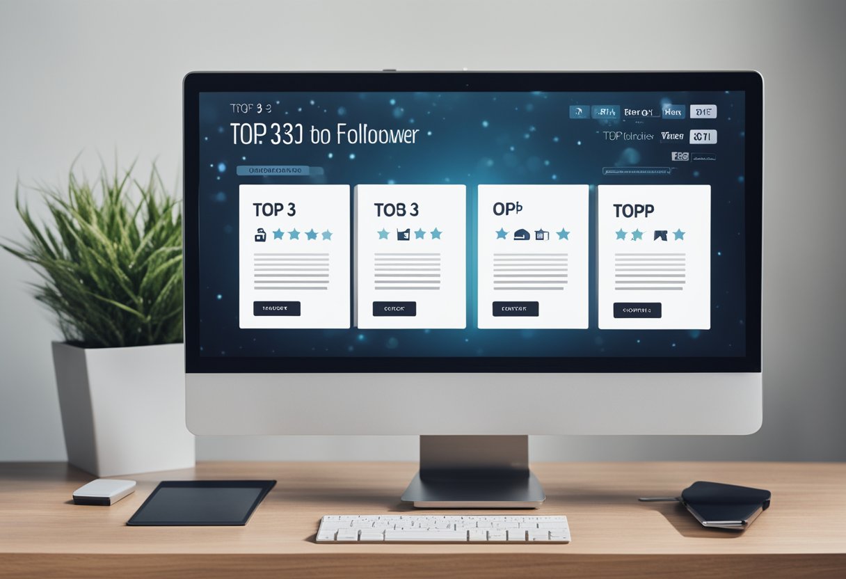 Três sites rotulados como "Top 3" com ícones de seguidores e classificações em estrelas exibidos em telas de computador. Uma lista de critérios de avaliação para sites de compra de seguidores é mostrada ao lado deles.